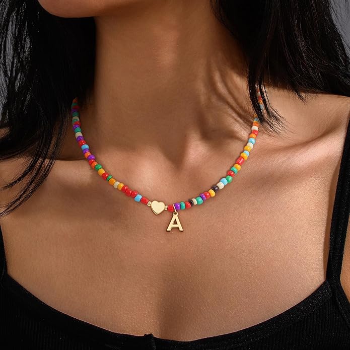 Colorful Initial Necklaces for Girls Women Kids - Teen Girls Gifts Trendy Beaded Initial Necklace Dainty Letter Gifts Choker Necklace for Girl Jewelry