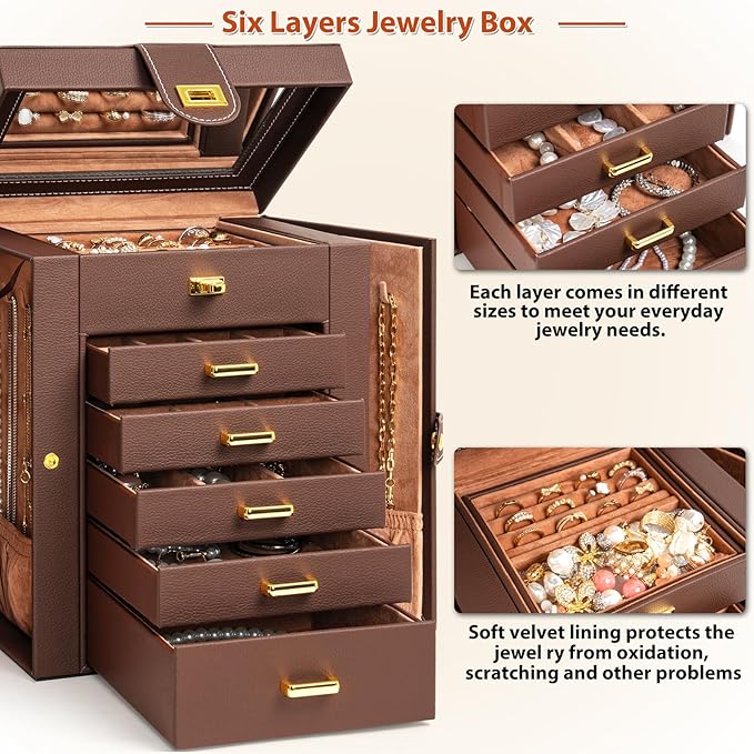 AKOZLIN Jewelry Box Organizer Functional Leather Jewelry Storage Case for Women Girls Ring Necklace Earring Bracelet Holder Organizer with Mirror Brown