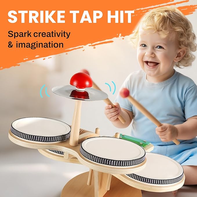 iPlay, iLearn Toddler Wooden Drum Set, Kids Musical Instruments Toy, 8 in 1 Percussion Drum Kit W/Xylophone Cymbal, Baby Montessori Learning Birthday Gifts for 18 Month, 2 3 4 5 6 Year Old Boy Girl