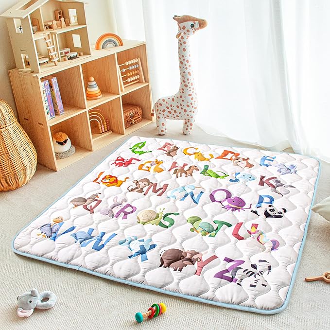 Baby Play Mat, 50x50 Playpen Mat with Super Soft Touch, Activity Mats with Upgraded Anti-Slip Bottom, Machine Washable Crawling Mats for Floor & Picnic (Animal Alphabets)