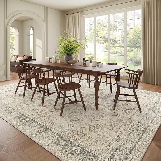 Washable 10x14 Area Rugs for Living Room, Boho Non-Slip Silicone Backing Rugs for Bedroom Dining Room Office, 0.3" Neutral Oriental Throw Carpet with 0.16" Cushioning Pad, Grey/Multi