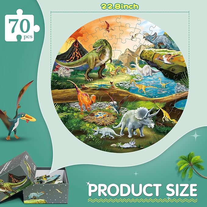 Floor Puzzles for Kids Ages 3-8, 70 Piece Dinosaur Jigsaw Puzzle for Kids Ages 3+ Year Old Large Round Toddler Puzzles Preschool Learning Educational Toys Gift for Boys Girls (Tyrannosaurus)