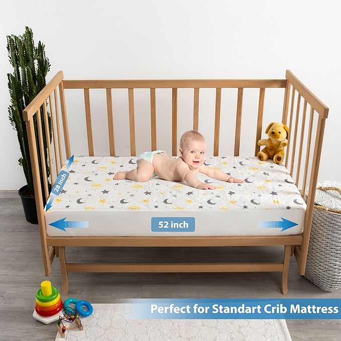 Waterproof Crib Mattress Protector Sheets,%100 Cotton Fabric, Absorbent Crib/Toddler Mattress Protector, Quilted, Certified, Noiseless Machine Wash, Moon&Star Pattern 52"x28" (Small Single, 2, Pack)