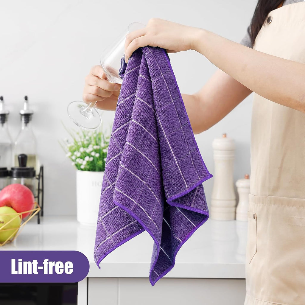 Homaxy Microfiber Kitchen Towels and Dishcloths Set, 12 Pack Soft and Absorbent Dish Hand Towels Bulk, 28 x 16 Inch & 12 x 12 Inch Quick Drying Rags for Washing Dishes, Purple