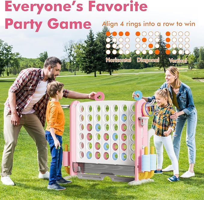 Giant 4 in a Row Connect Game with Mesh Fabric | Height Adjustable 4-in-1 Jumbo 4-to-Score Yard Game Set with Basketball, Golf & Ring Toss | Outdoor Indoor Family Party Game for Kids & Adults, Pink