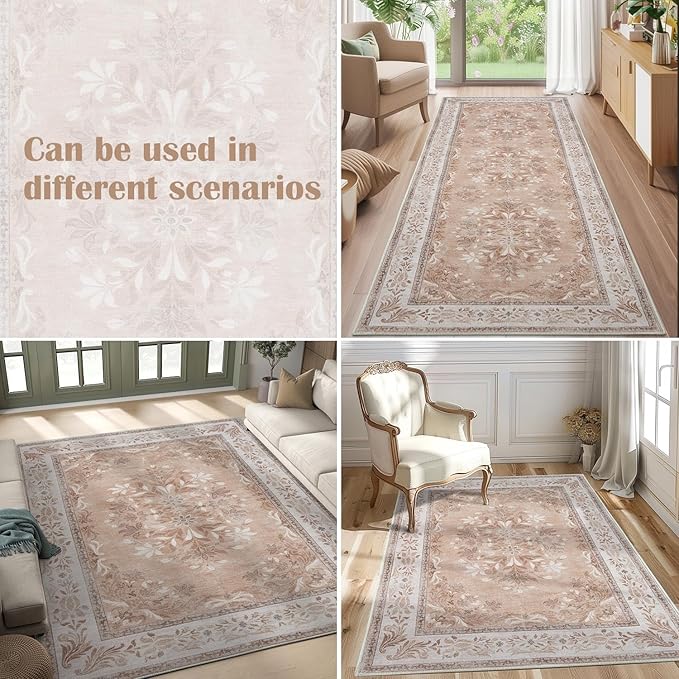 jinchan Floral 2x3 Rugs for Entryway - Vintage Washable Area Rug Ultra-Thin Low Pile Soft Small Non Slip Distressed Indoor Door mat Accent for Entrance Kitchen Bedroom (2x3ft,Coral Pink)
