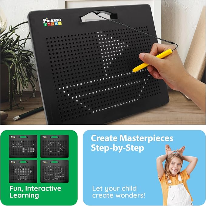 PicassoTiles Magnetic Drawing Board 748 Beads Pad Large 12x10 Inch STEM Writing Toy Reusable Erasable Educational Tablet for Toddlers Kids Age 3 Plus Magnet Learning Tool Brain Development PTB01BLK