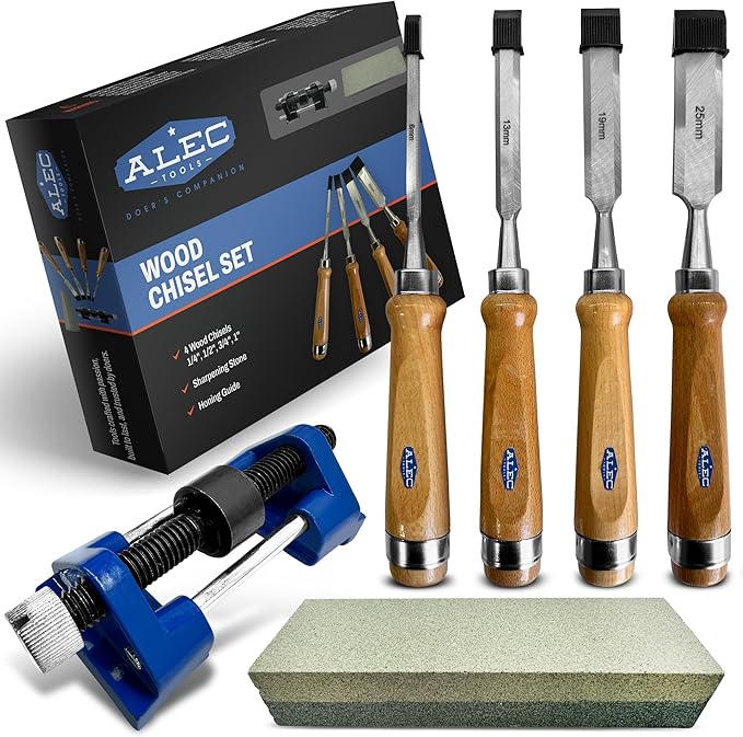 Wood Chisel Set Carpenter Tools – 4Pcs Beech Wood Carving Set with Sharpening Stone, Honing Guide – Woodworking Chisels with Pre-Sharpened Steel Blades – Ideal for Pros, DIY, Hobby