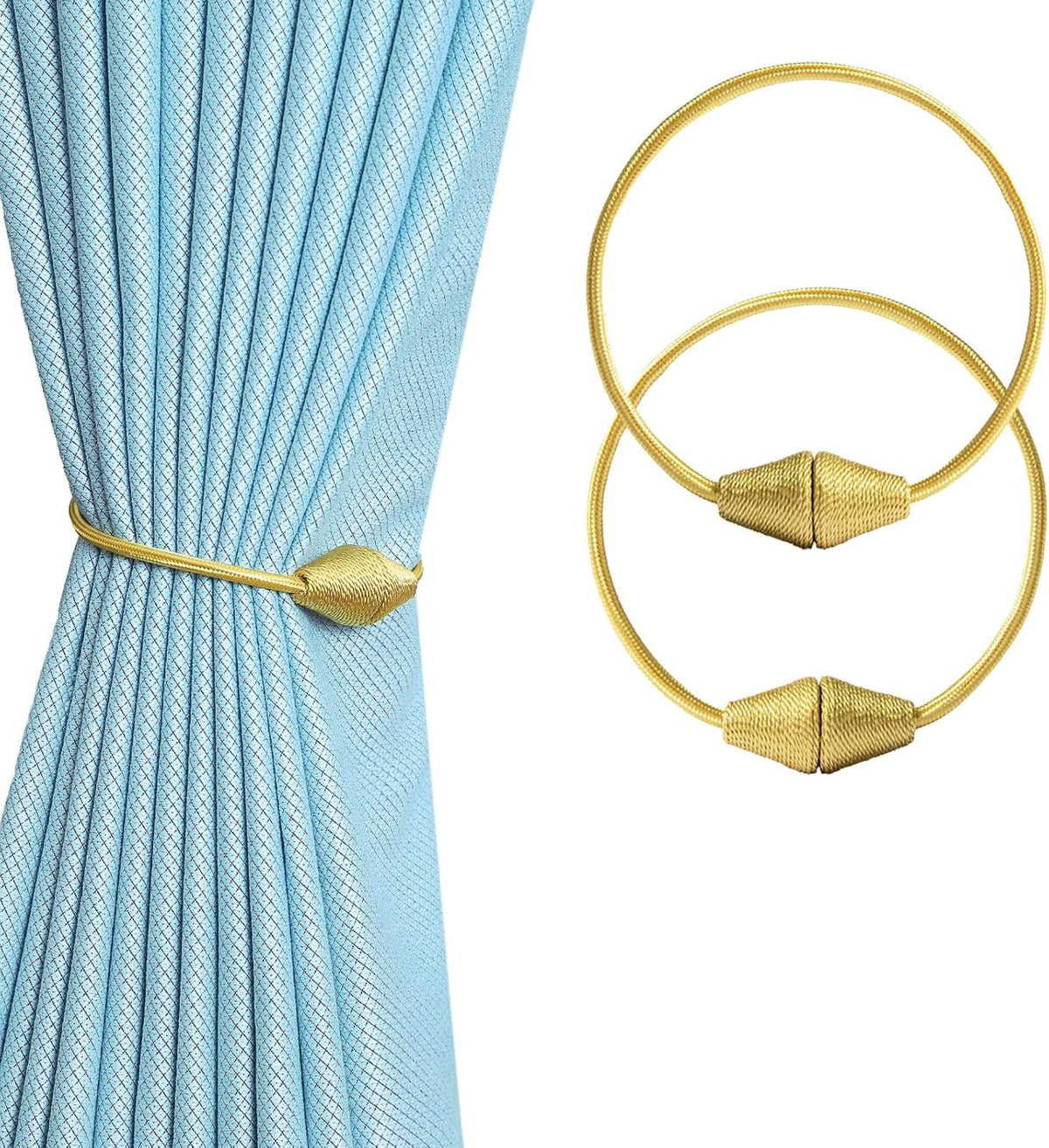 2 PCS Magnetic Curtain Tiebacks, European Style Convenient Drape Tie Backs Holdbacks for Thin or Thick Home & Office Window Draperies, No Tools Required-Gold Bright