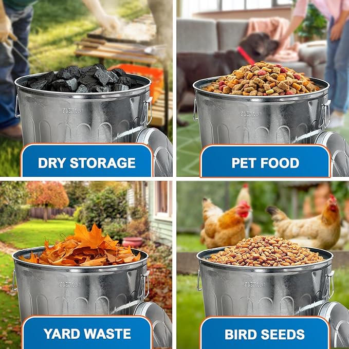 Plexon 20 Gallon Metal Trash Can with Lid Outdoor Galvanized Steel Large Garbage Can, 6 Pack