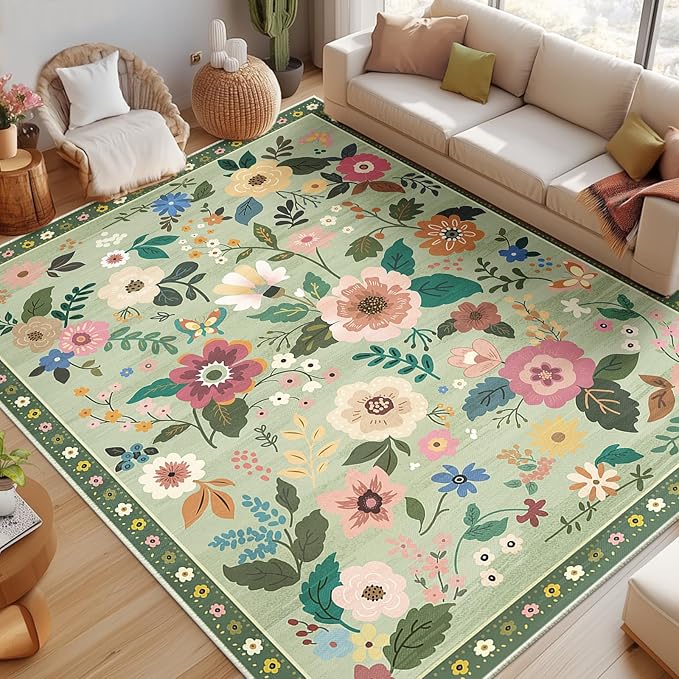 Floral 8x10 Area Rug Machine Washable Soft Print Boho Carpet Non Slip Doormat Low Pile Flower Area Rugs for Living Room Bedroom Nursery Kitchen Dining Room Indoor-Light Green