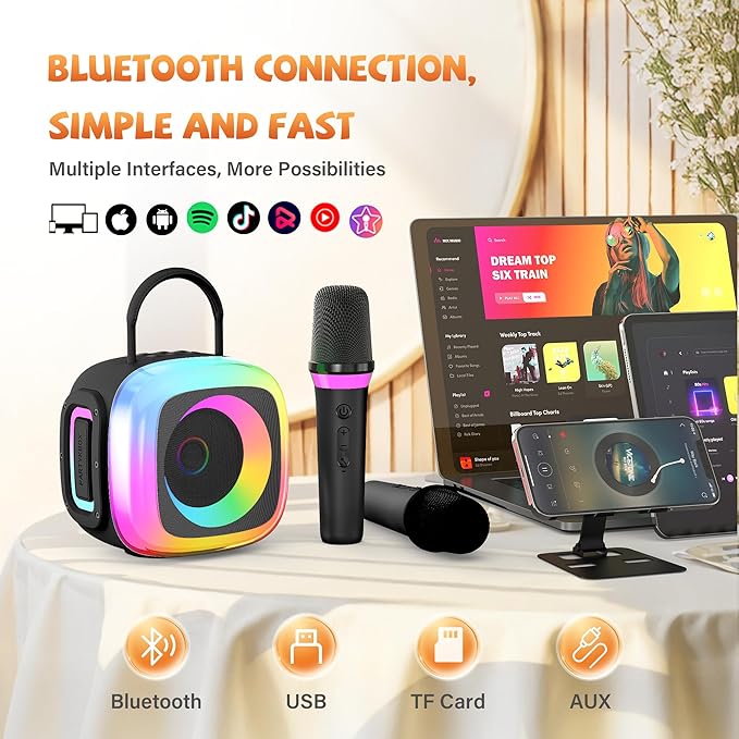 Mini Karaoke Machine for Kids Adults: Portable Bluetooth Speaker with 2 Wireless Microphones and Light - Singing Karaoke Gift for Girls Boys Ages 4-12+ Years Old Birthday Family Home Party
