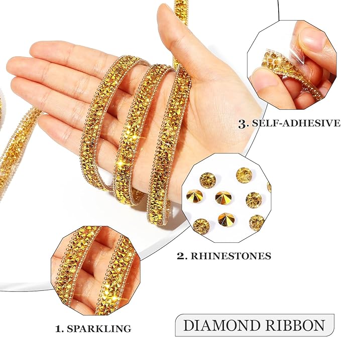 Rhinestone Ribbon 3 Yards Self Adhesive Rhinestone Strips Diamond Ribbon Sticker Crystal Roll Glitter Bling Rhinestones Tape for Crafting DIY Art Decoration (Gold,0.4 Inch)