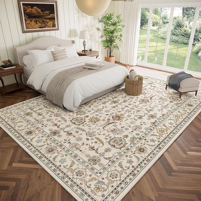 Washable 9x12 Area Rugs for Living Room, Boho Non-Slip Silicone Backing Rugs for Bedroom Dining Room Nursery Office, 0.3" Neutral Oriental Throw Carpet with 0.16" Cushioning Pad, Light Beige/Multi
