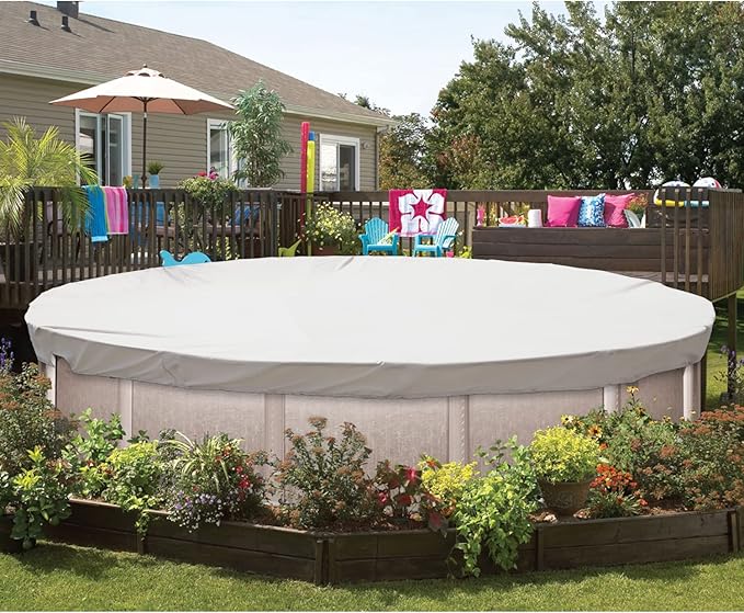 ECOOPTS 8 ft Waterproof Round Polyester Pool Cover for Above Ground Pools, Swimming Pool Cover Protector Winter Safety Cover (Light Grey)