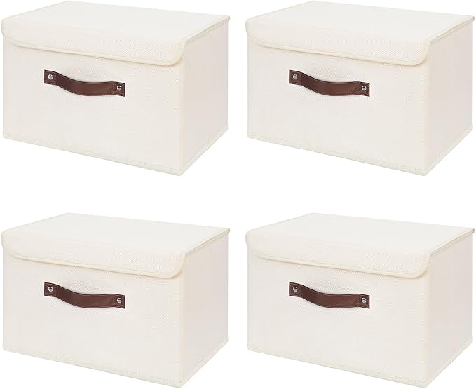 ANMINY 4PCS Storage Bins with Lid PU Leather Handles Storage Boxes PP Plastic Board Decorative Foldable Lidded Cotton Linen Fabric Home Cubes Baskets Closet Organizer Containers - Beige, Large Size