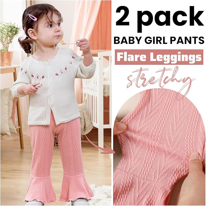 2 Pack Toddler Baby Girl Pants Flare Leggings Ribbed Knit Newborn Bell Bottoms Solid Ruffle Infant Pants for Girls
