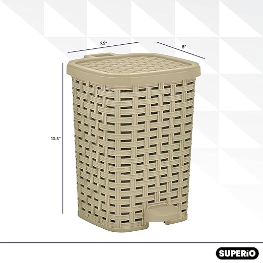 Small Outdoor Trash Can with Lid for Dog-Poop 1.5 Gallon/6 L Mini Plastic Garbage Can with Foot Pedal for Bathroom, Bedroom, Office, Patio, Wicker Beige