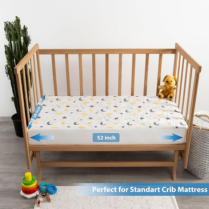 Waterproof Crib Mattress Protector Sheets,%100 Cotton Fabric, Absorbent Crib/Toddler Mattress Protector, Quilted, Certified, Noiseless Machine Wash, Moon&Star Pattern 52"x28" (Small Single, 2, Pack)