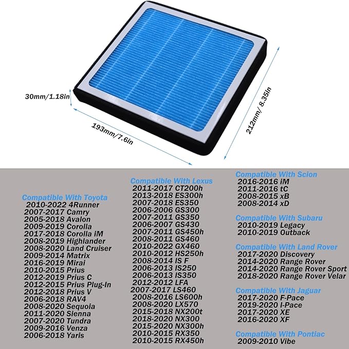 CF10285 Cabin Air Filter Compatible with 2010 2011 2012 2013 2014 2015 2016 2017 2018 2019 2020 Toyota 4Runner RAV4 Tundra Camry Corolla Prius Sequoia Sienna Avalon Accessories Cabon Air Filters