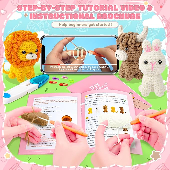 Crochet Kit for Beginners, Amigurumi Crochet Animal Kits, Crocheting Kit for Starters Adult Kids with Step-by-Step Video Tutorials, Animal Kits with Highland Cow, Lion, Bunny