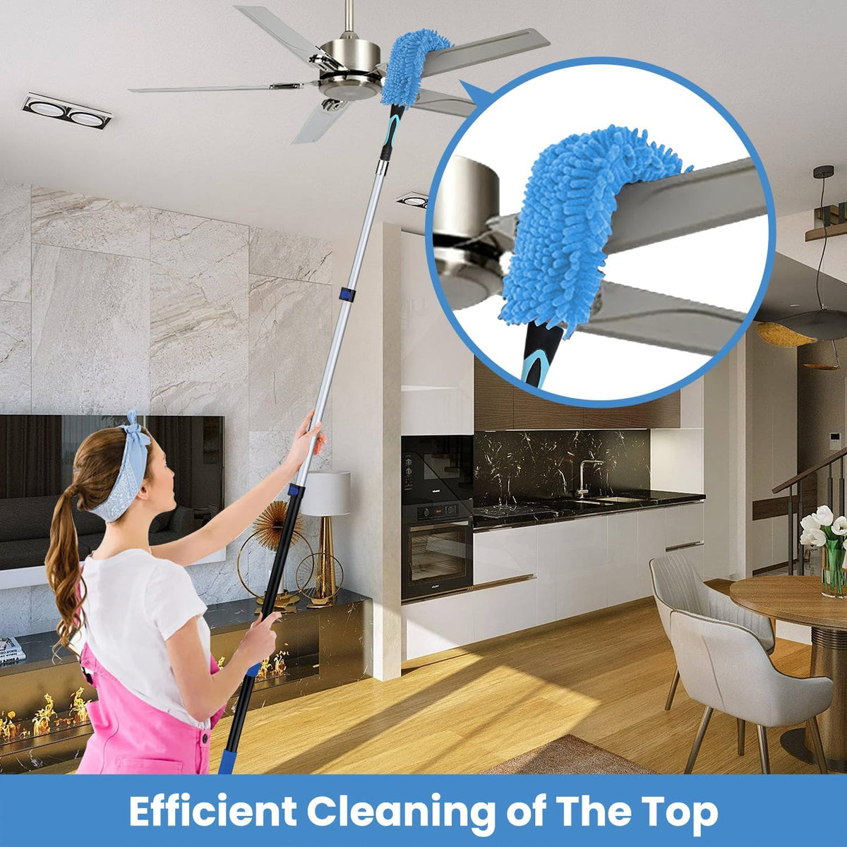 20ft High Ceiling Duster Kits with 5-12ft Heavy Duty Extension Pole - Fan Blade Cleaner, Cobweb Remover & Blue Window Squeegee Kit, Washable Dust Brush for High Roof and Glass Surfaces