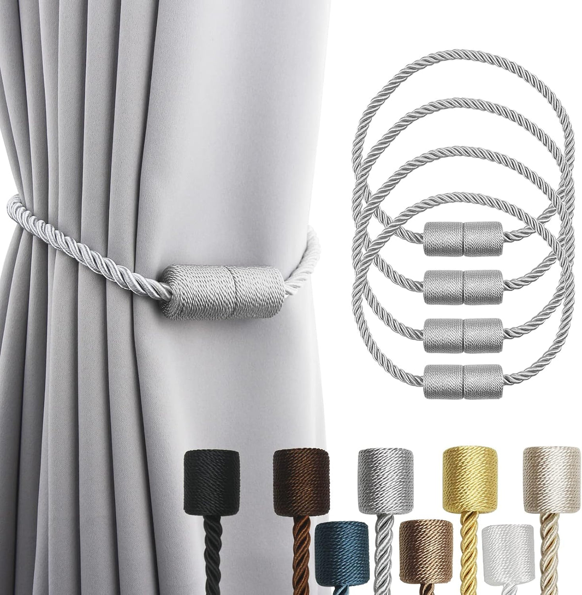 4 Pack Strong Magnetic Curtain Tiebacks Outdoor Elegant Decorative Tie Backs Modern Rope Tiebacks for Drapes Window Curtain Holdbacks for Draperies- Grey