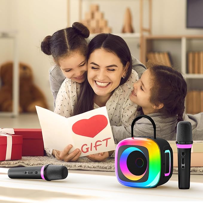 Mini Karaoke Machine for Kids Adults: Portable Bluetooth Speaker with 2 Wireless Microphones and Light - Singing Karaoke Gift for Girls Boys Ages 4-12+ Years Old Birthday Family Home Party