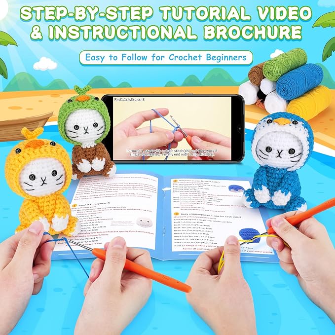 Crochet Kit for Beginners, 3 Pack Duck Cat Crochet Kits with Step-by-Step Video Tutorials, Beginner Crochet Kit for Adults Kid, Crochet Animal Kit for Starters, DIY Craft Gift for Cat Lover