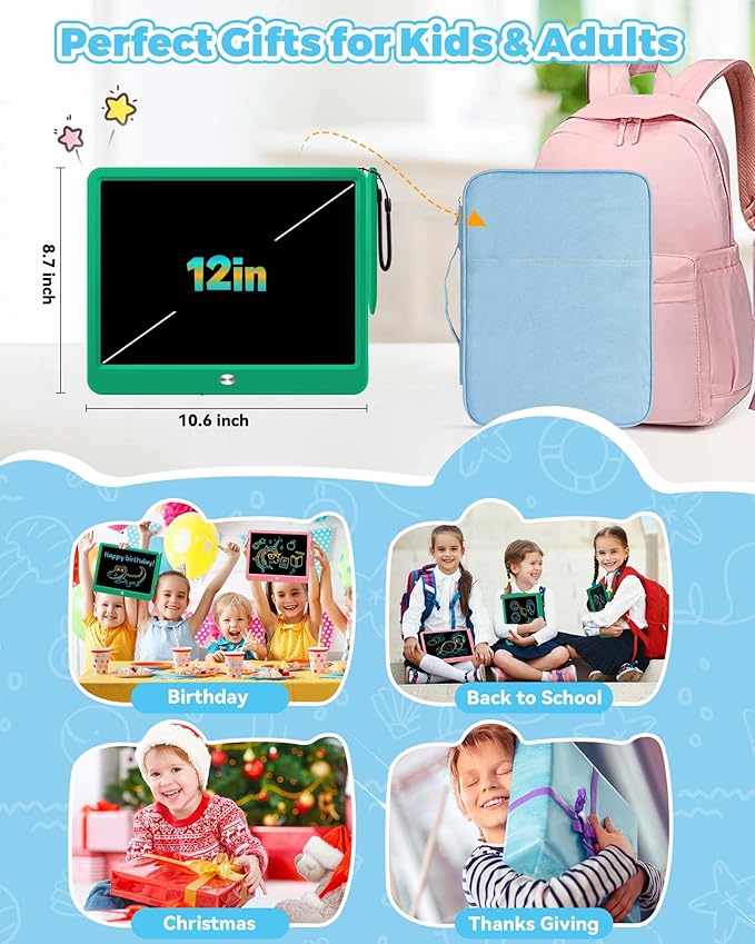 KOKODI 12 Inch LCD Writing Tablet with Anti-Lost Stylus Erasable Doodle Board Colorful Toddler Drawing Pad Car Travel School Games Toys for 3 4 5 6 7 8 Kids Birthday Gift for Girls Boys Adults Green