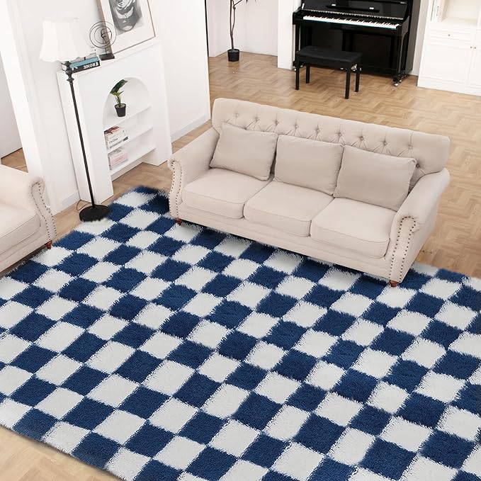Super Soft Rug for Bedroom, 8x10 ft Blue and White Area Rug Classic Checkered Shaggy Anti-Skid High Pile Soft Fluffy Rug Fuzzy Carpet for Living Room Bedroom Kids Room Nursery, Dorm