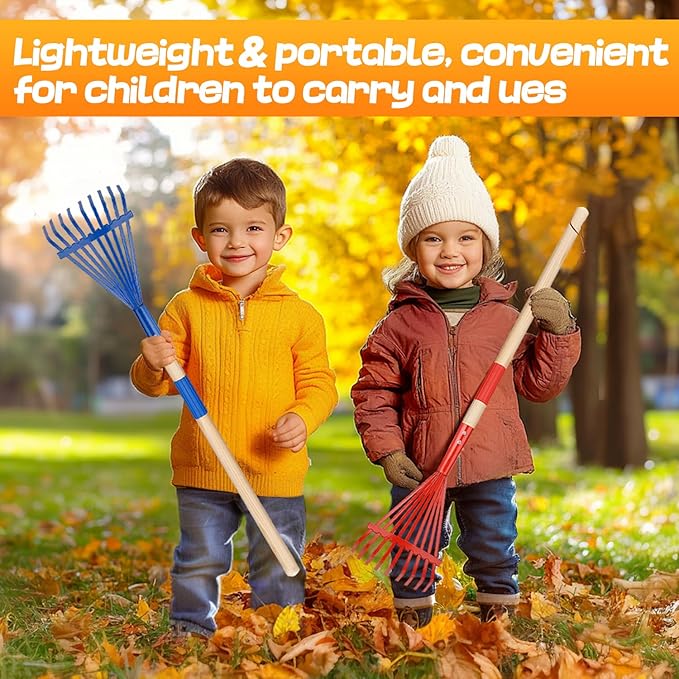 Kids Friendly Rakes for Leaves - 28" Child Size Small Rake with Durable Metal Head & Hardwood Handle, Real Lawn Garden Yard Tools for 3+ Years Kids Enjoy Helping Work Gifts, 2 Pcs