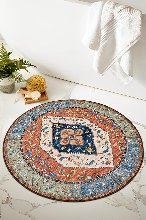 Lahome Boho Washable 3Ft Round Area Rug, Non-Slip Throw Untra-Thin Small Round Carpet, Oriental Vintage Distressed Circle Rug for Bathroom Bedroom Kitchen Office Sofa, 3x3/Rust