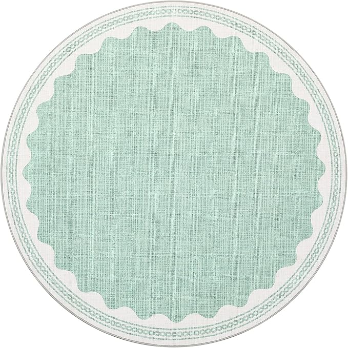 Scalloped Round Rug 6ft, Small Area Rugs Solid GreenRug for Bedroom Girls, Washable Rugs for Living Room, Non Slip Scalloped Round Bath Mat, Soft Dorm Nursery Carpet for Bedside