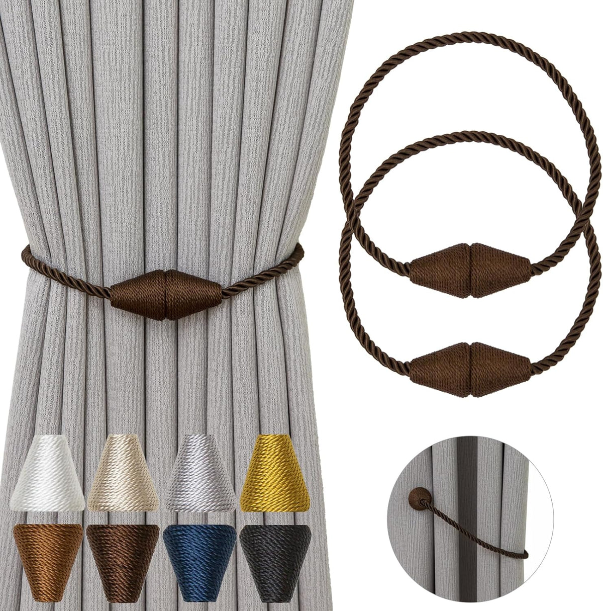 Magnetic Curtain Tiebacks 2 Pack Outdoor Rope Curtain Tie Backs Decorative Window Treatment Holdbacks for Home Decorative Curtain, Coffee