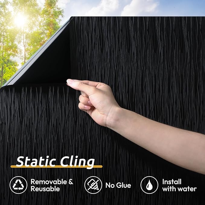 rabbitgoo Blackout Window Film, Sun Light Blocking Window Black Out Cover for UV Reduction, Removable Tint Room Darken Heat Control Frosted Glass Sticker for Home, Black, 23.6 x 157.4 Inches