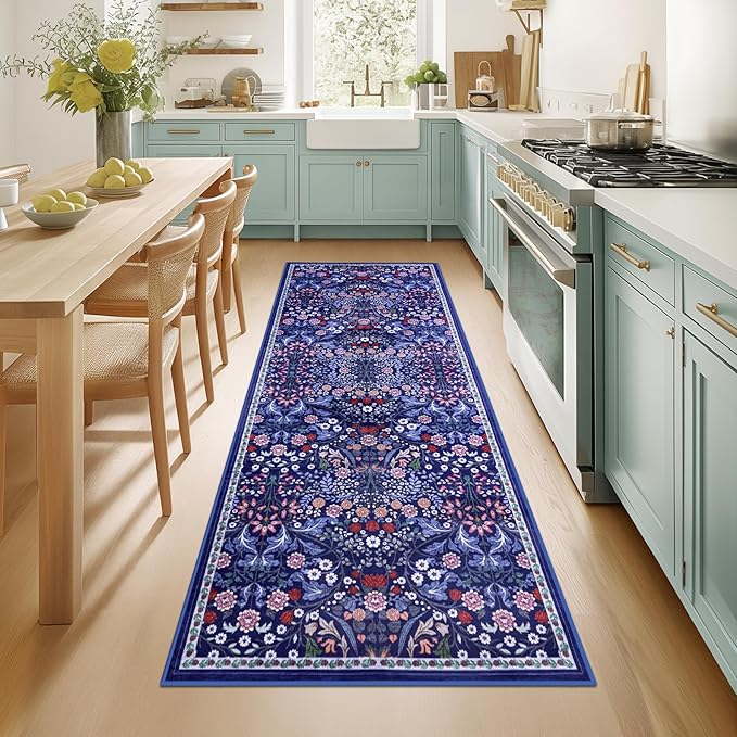 Runner Rug for Entryway: 2x10 Kitchen Rugs Non Slip Washable Ultra-Thin Soft Floral Carpet Indoor Floor Stain Resistant Carpets for Hallway Bedroom Kitchen Laundry Bathroom Dorm Blue