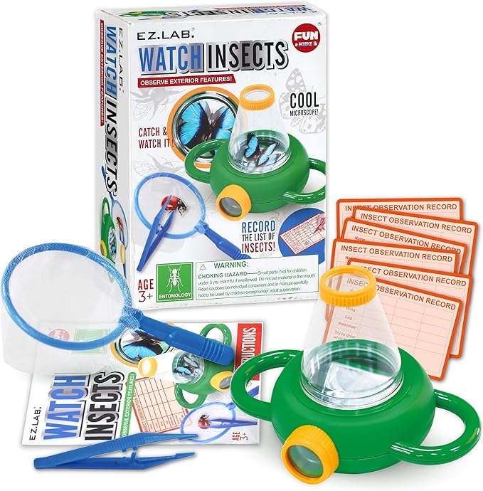 Science Kid Bug Catcher Kit, FunKidz Outdoor Activities Gift Butterfly Bug Habitat with Magnified Viewer Bug Catching Kit for Boys 3-12 Includes Net Catcher, Tweezers, Record Lists