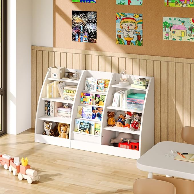 4 Tier Kids Bookshelf Set of 2, 4 Layer Sling Kids Book Shelf for Kids Rooms, XL Wood Children Bookcase,Baby Storage Book Rack,Toddler Bookshelf, Book and Toy Organizer,Book Display Shelf for Nursery