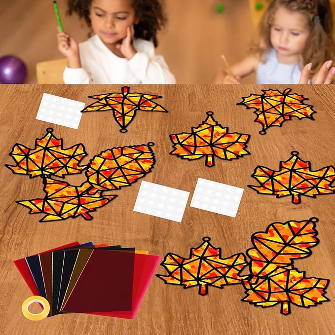 32 Sets Fall Maple Leaf Suncatchers Craft Kit DIY Window Stained Glass Effect Autumn Maple Leaf Paper Crafts Home School Classroom Decoration Kid Birthday Gift Creative Art Project Activity Game