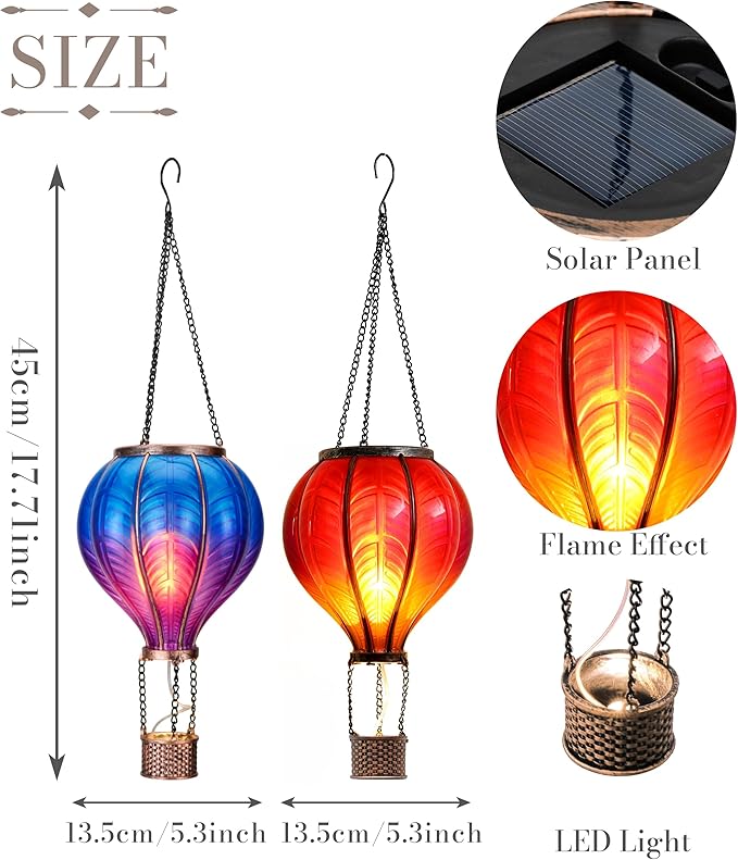 TERESA'S COLLECTIONS 2 Pcs Hot Air Balloon Solar Lantern Outdoor Garden Decor, Waterproof Hanging Solar Lantern with Flickering Flame Light for Yard Tree,Gift for Mom Lovers,18"