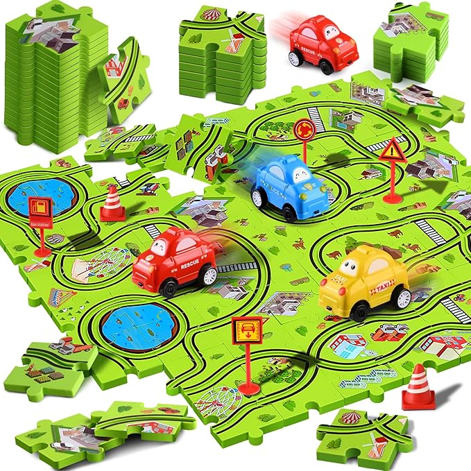 64 PCS Puzzle Race Track Car Set: Toddlers Kids Boys Girls Toys & Gifts for 3 4 5 6 Year Old | Puzzle Tracks Car Toys | with 3 Small Cars Toy and Roadblocks | Play & Learn Toy | Kid for Ages 3-5 4-6