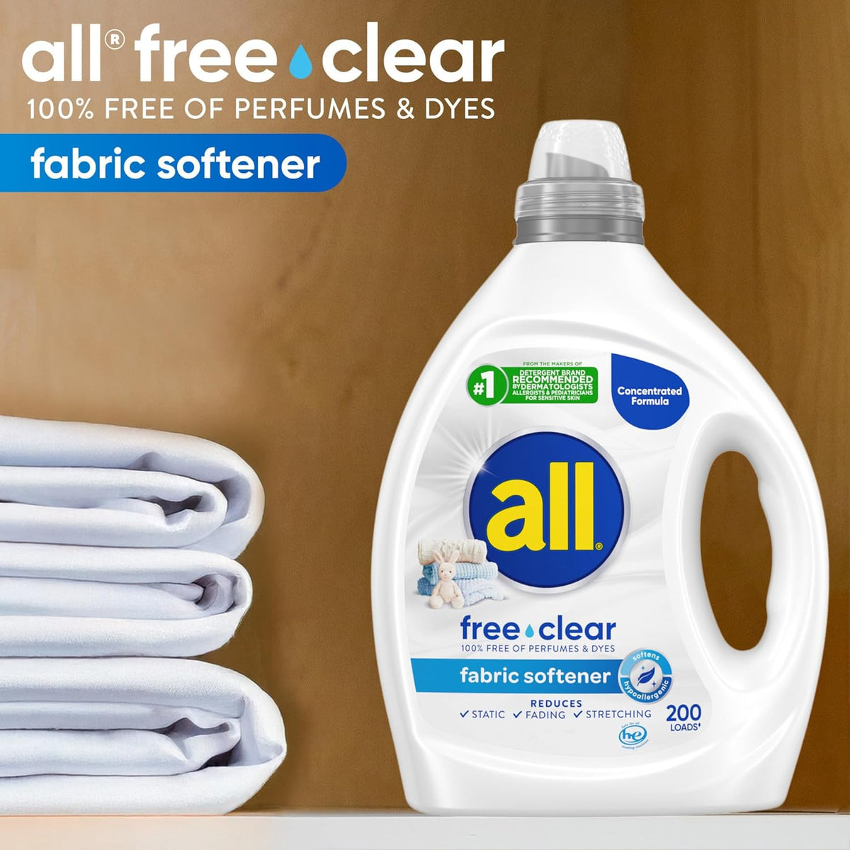 all free clear, Original, Liquid Fabric Softener for Sensitive Skin, Unscented and Hypoallergenic, Concentrated, 80oz, 200 Loads
