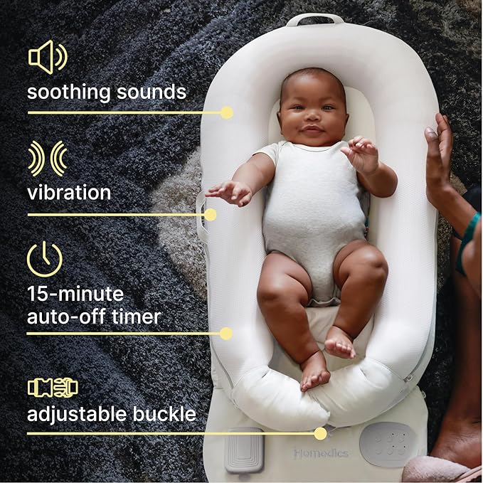 MyBaby 3-in-1 Calming Baby Cushion, Soothing Comfort for Newborns & Infants, Snuggling Sensation, Sound and Vibration, Designed for Safety, Rechargeable & Machine-Washable, by Homedics, White