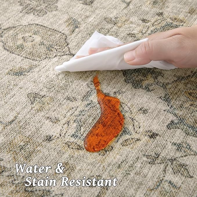 Washable 8x10 Area Rugs for Living Room, Boho Non-Slip Silicone Backing Rugs for Bedroom Dining Room Nursery Office, 0.3" Neutral Oriental Throw Carpet with 0.16" Cushioning Pad, Light Brown/Multi