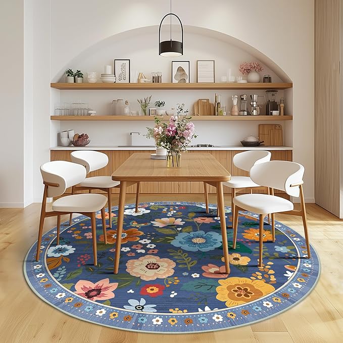 Floral 4ft Area Rug Machine Washable Soft Print Boho Carpet Non Slip Doormat Low Pile Flower Area Rugs for Living Room Bedroom Nursery Kitchen Dining Room Indoor-Blue/Grey