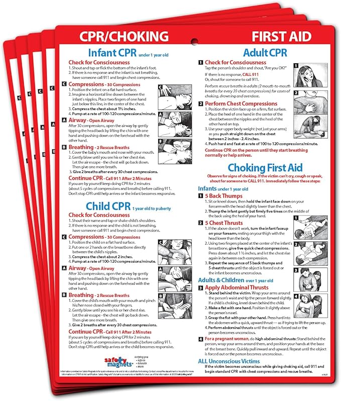Safety Magnets by ZOCO – CPR & Choking Fridge Magnet (5-Pack) – First Aid Instructions for Infants, Children, & Adults – Heimlich Maneuver Laminated Card 8.5" x 11"