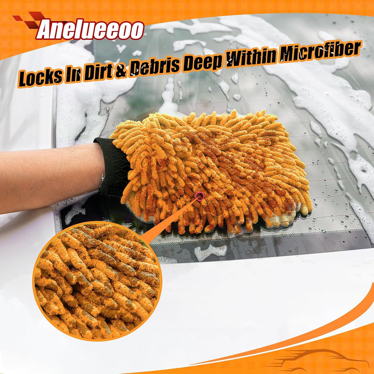 4 Pack Car Wash Mitt Microfiber, Premium Chenille Microfiber Wash Car Mitts Sponge Scratch Free & Lint-Free, Mitts Waterproof Lining Orange (8''X12'')