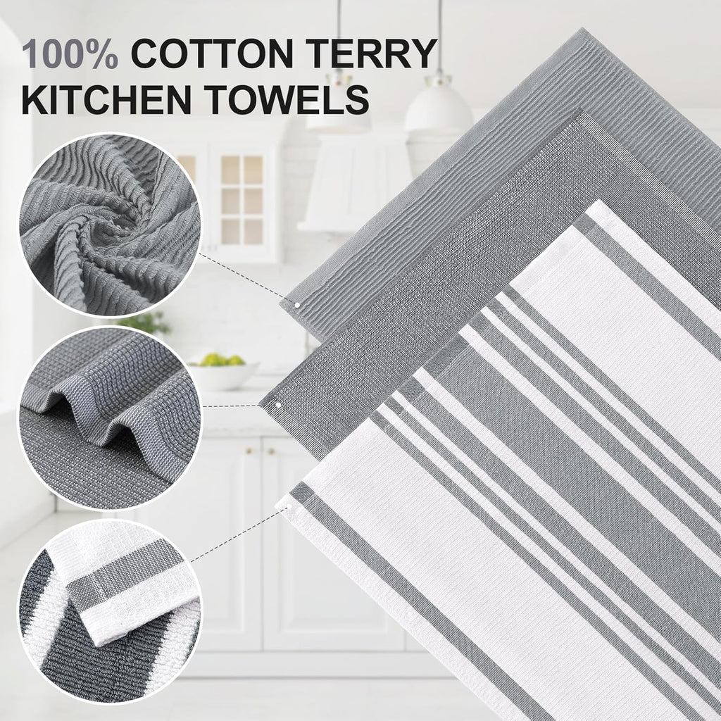 Homaxy Premium Kitchen Towels(18”x 28”, 6 Pack), Large Cotton 380 GSM Kitchen Hand Towels, Soft and Absorbent Terry Dish Towels, Multipurpose Tea Towel Set with Hanging Loop, Grey