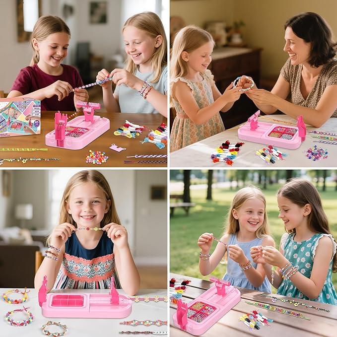 Friendship Bracelet Making Kit, Arts and Crafts Loom Bracelet Maker for Kids, Jewelry String Making supplies with 3 Thread Styles & 6 Bead Types, Christmas Birthday Gifts for Girls Ages 6 7 8 9 10+
